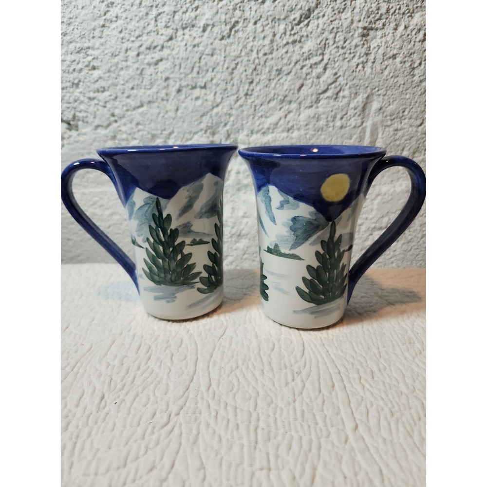 Pair Of SHARD Pottery Mugs, Winter Scene With Pines And Moon. Made in Maine USA